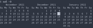 Output from the terminal command 'cal -3' showing calendars for three months