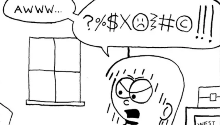 A cropped panel of a newspaper comic showing one character's head.  A speech bubble from that head has the text 'Awww… ?%$X☹#©!!!'