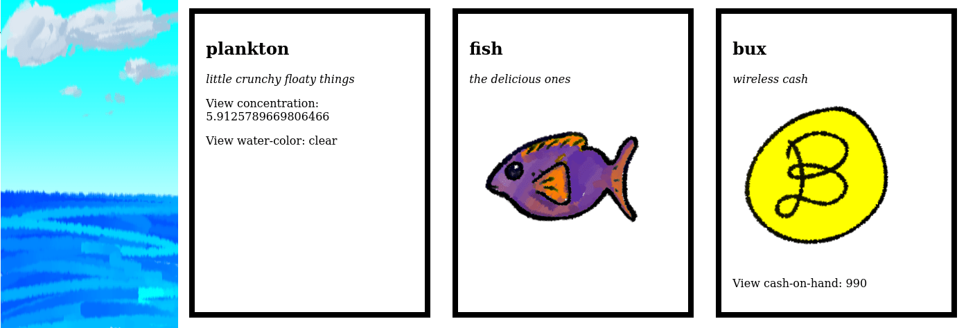 A banner showing a horizontal slice of an idle game. The slice contains four panels. From left to right, the first panel portrays an ocean horizon with calm seas, a bright blue sky, and a few gentle clouds overhead; the second panel describes plankton and two different measurements for amounts of plankton; the third panel portrays a fish; and the fourth panel portrays Bux, a currency described as "wireless cash", along with an amount.